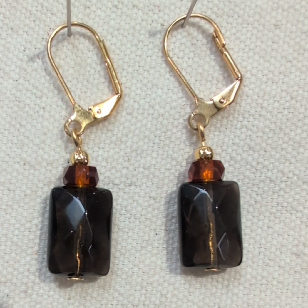 Handmade Smoky Quartz & Czech Glass Gold Tone Drop Earrings